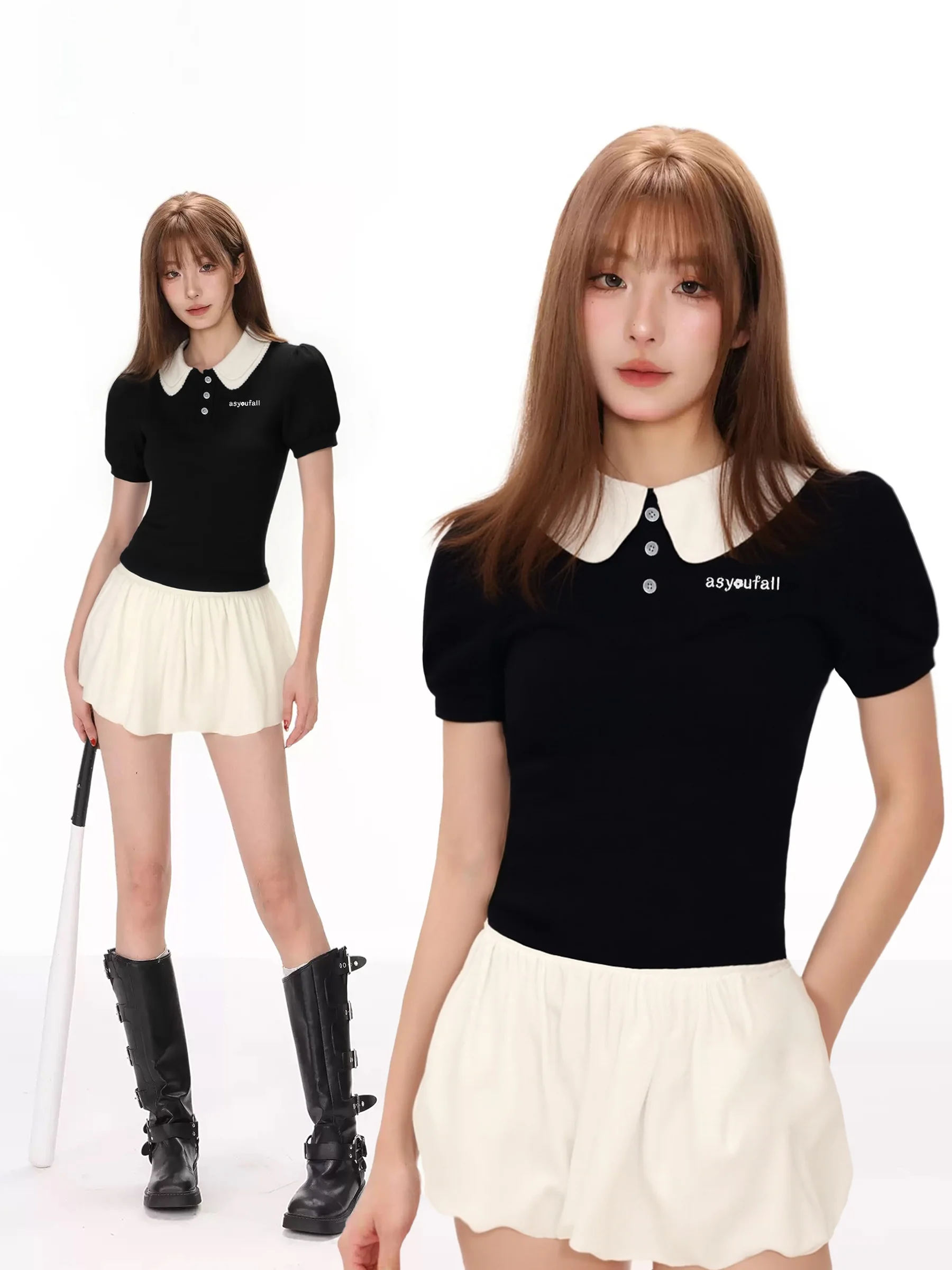 

Bla Doll Collar ort Sve Bloomer Skirt Set Women's Slimming Summer New Sle Sweet And Cool Two-Piece Suit Casual Sle