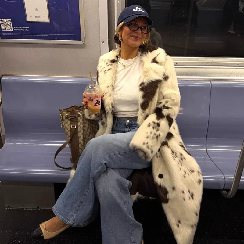 

Ele Long Fake Fur Coat Autumn Winter Faion Eco-friendly Luxury Outerwear for Women Simple Sli Brand