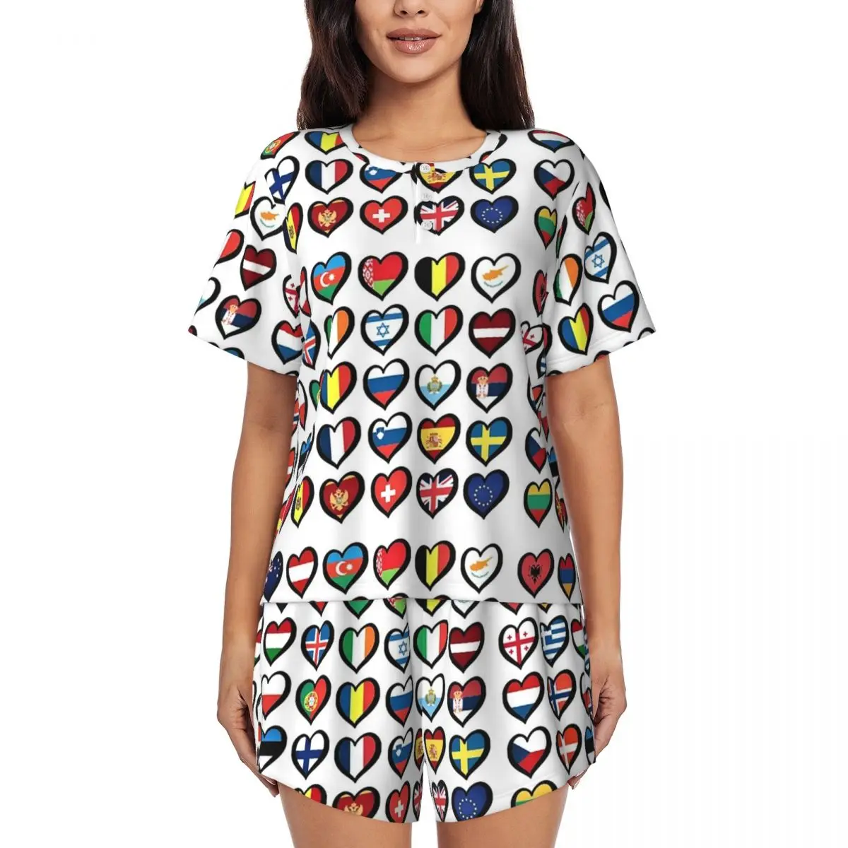 

Eurovision Song Contest Flags Hearts Backpack57 Round Neck Short Sleeves Nightdress for Sleeping Women Pajama Set Short Pants