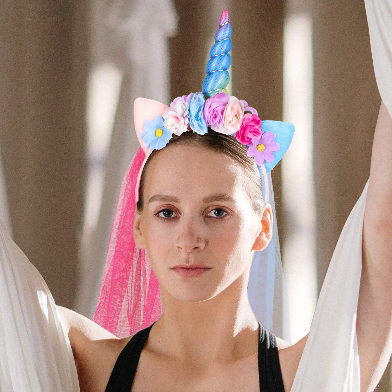 1Pcs Unicorn Veil Headband Elegant Comfortable Non Slip Hair Hoop for Girls Toddlers Christmas Easter Birthday Party Prom Music