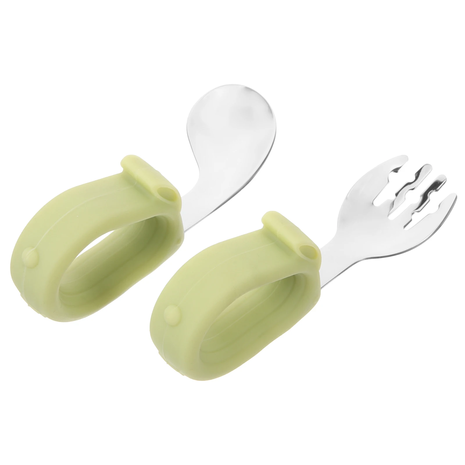 

Portable Silicone Children Spoons Forks Baby Cutlery Short Handle Toddler Feeding Set Green Color Lightweight Travel Dining