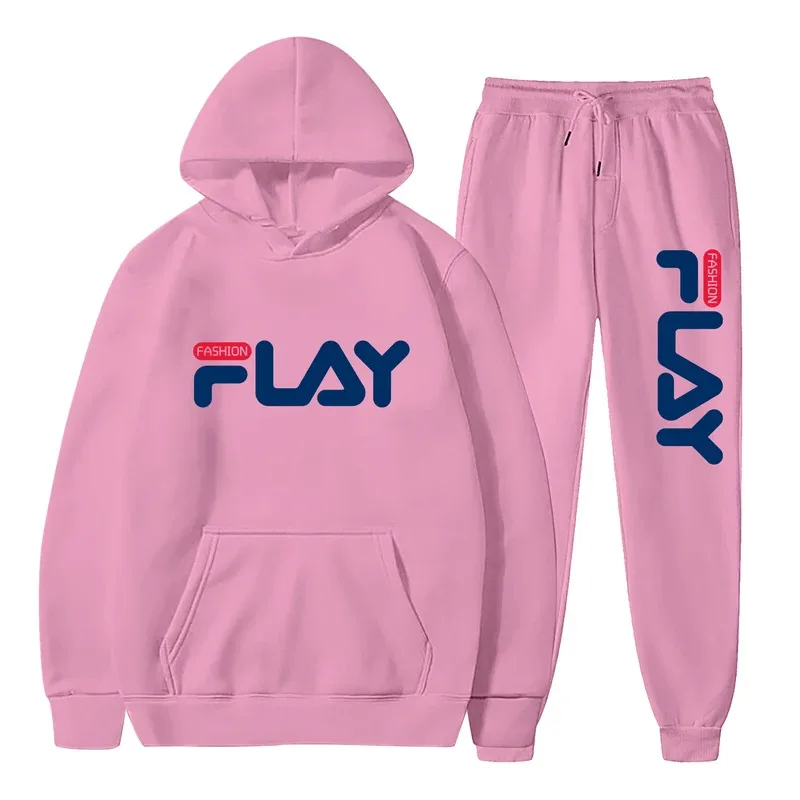 Conjunto de moletom com capuz e calças com estampa de letras para primavera e outono, novo conjunto de roupas esportivas casuais para homens e mulheres