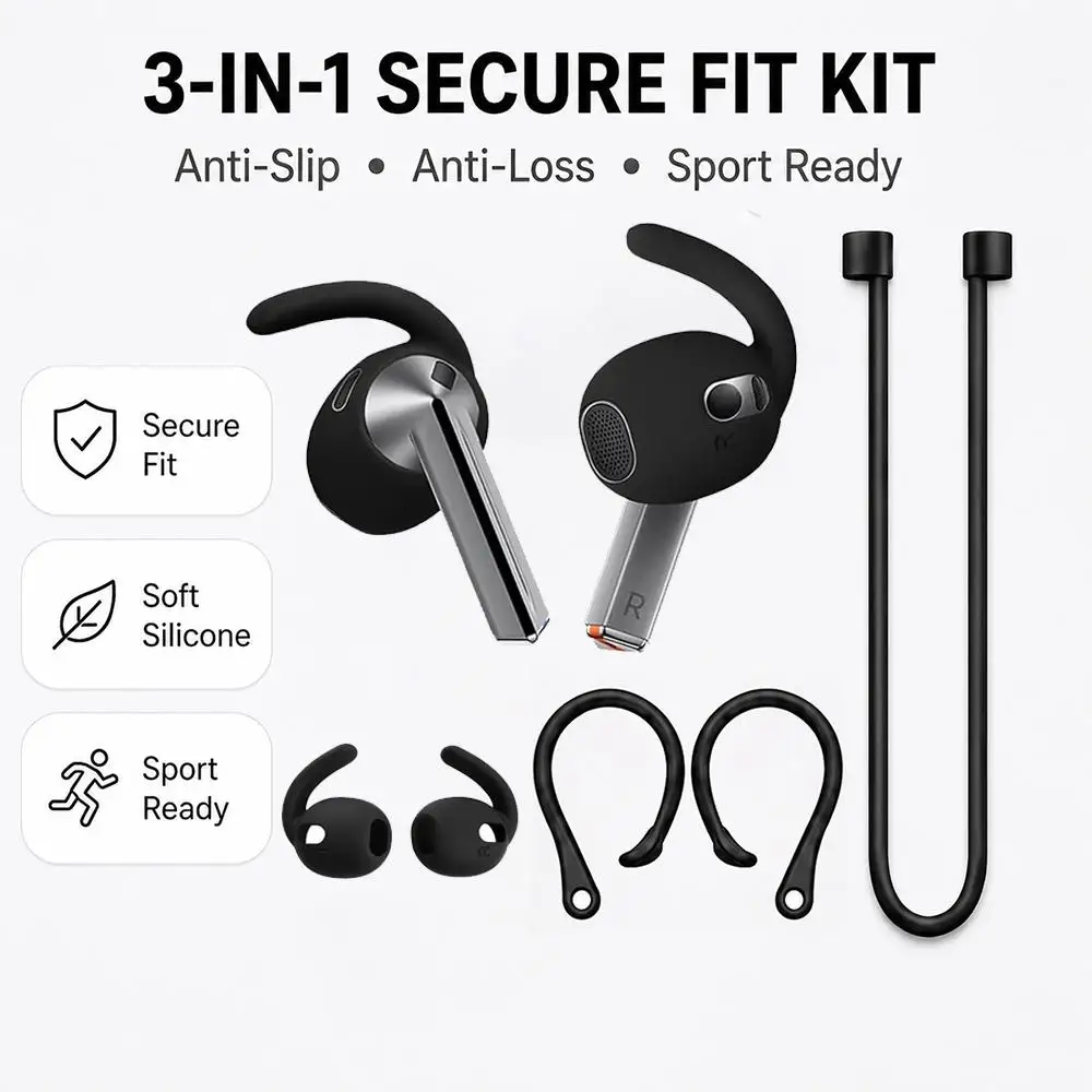For Galaxy Buds3 Pro XDcase Silicone Sports Anti-Slip Ear Covers & Ear Hooks & Anti-Lost Strap Combo Set(Black) image 2