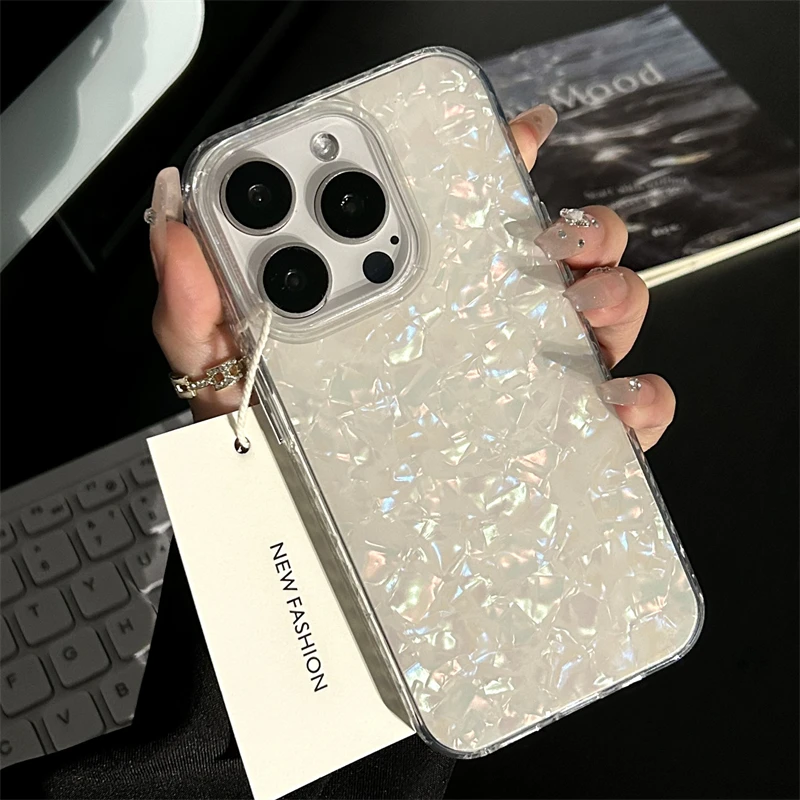 Luxury Aurora Glossy Diamond Shell Pattern Phone Case For iPhone 15 14 13 12 11 16 Pro Max Plus Laser IMD Shockproof Hard Cover