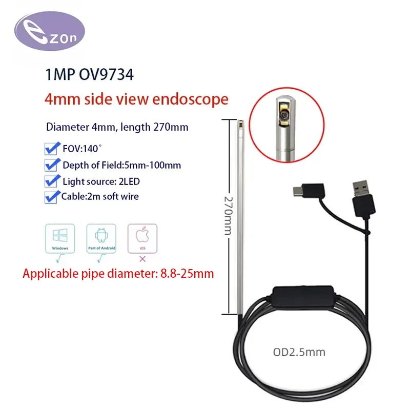 1MP 4mm Side View Wide Angle Endoscope Camera FOV140° Macro Large Depth of Field USB Endoscope Camera