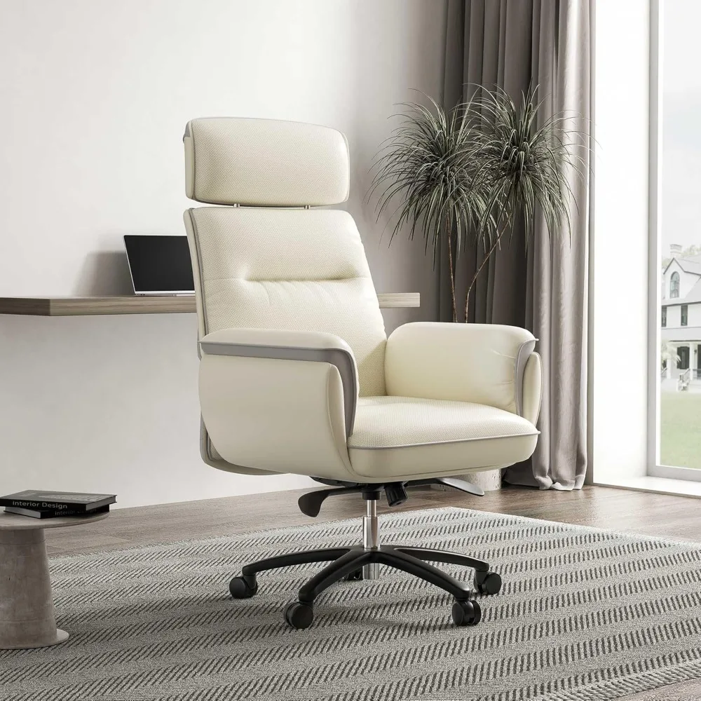 Ergonomic superfiber leather office chair, Ergonomic office chair, raised headrest and upholstered armrest, beige