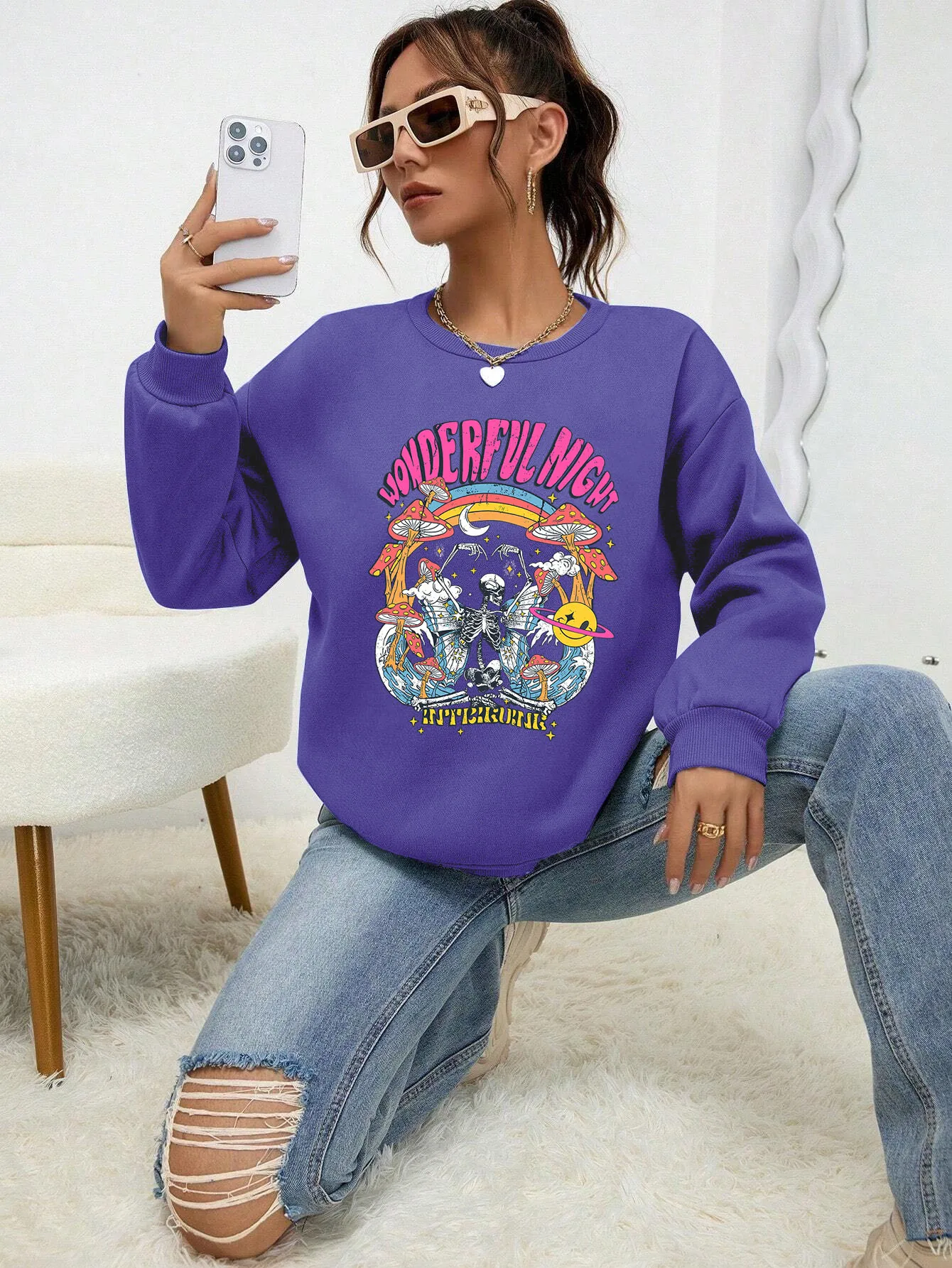 Wonderful Night Skeleton Butterfly Wave Printing Hooded For Female Creative Crewneck Sweatshirt Hip Hop Comfortable Streetwear