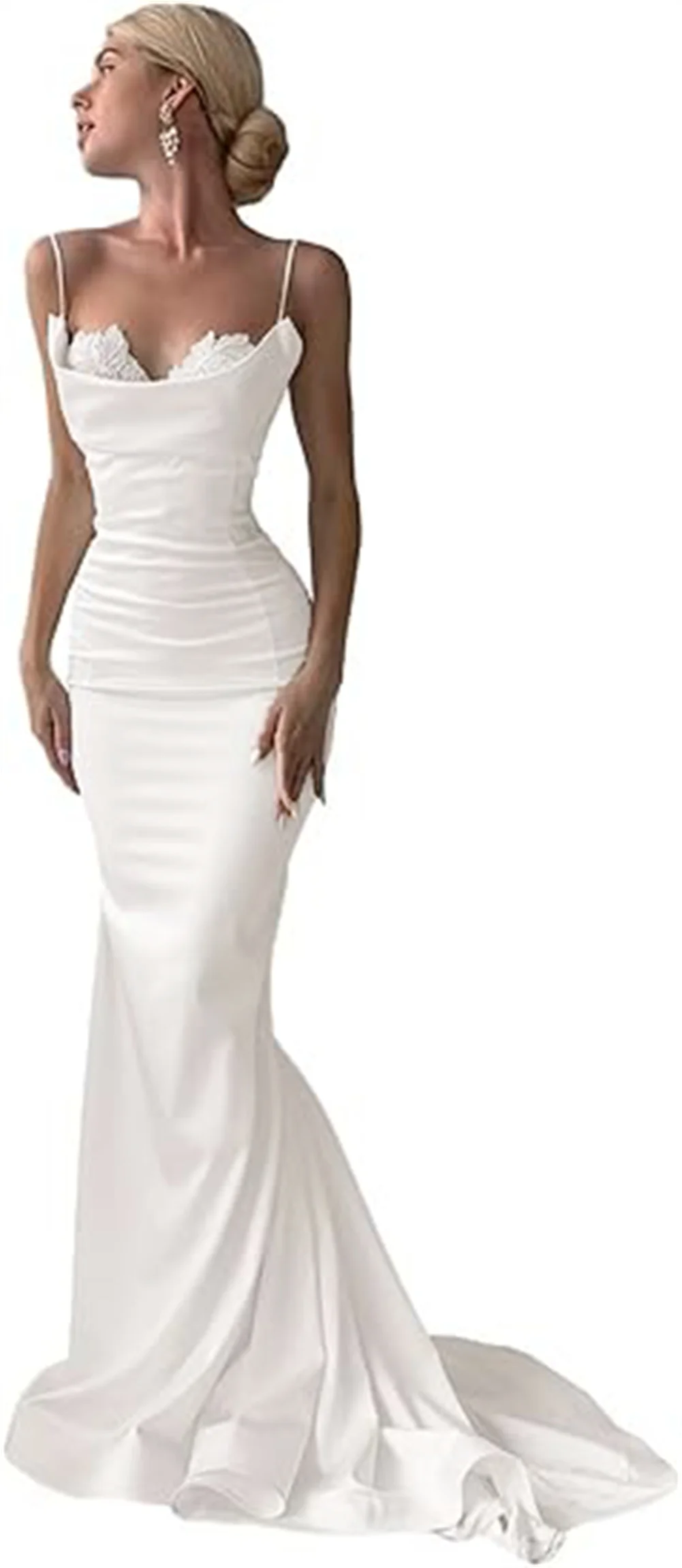 Customized White Satin Mermaid Wedding Dress For Bride Lace Appliques Spaghetti Straps Long Bridal Gowns Formal Dress With Train
