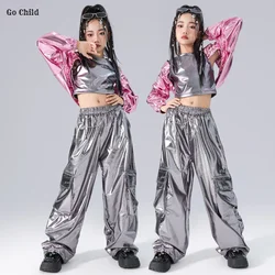 Girls K-pop Patchwork Crop Top Silver Cargo Pants Kids Hip Hop Shiny Streetwear Children Jazz Costumes Girl Group Clothes Sets