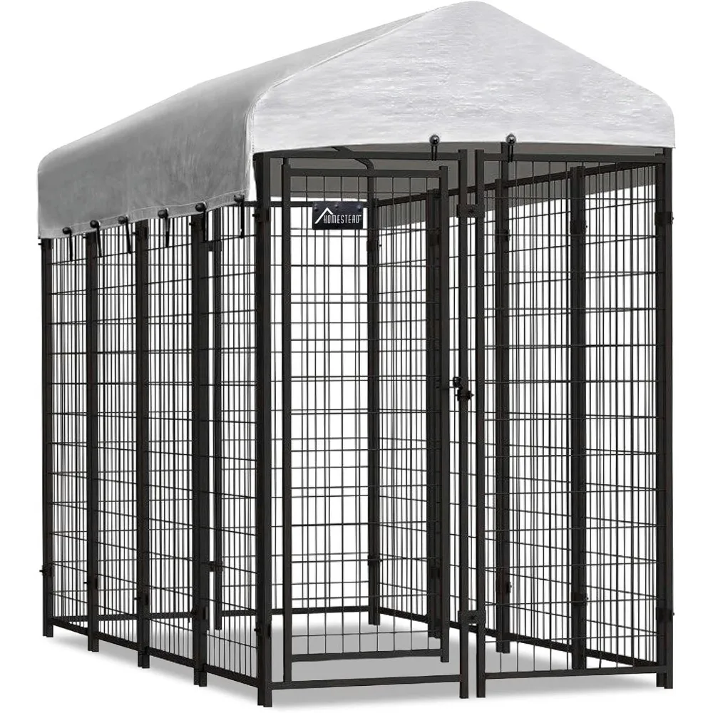 

6x4x8ft Dog Kennel - Small Outdoor Dog Kennel Kit with UV Protection Waterproof Cover - Heavy Duty Welded Wire Dog Kennels - Id