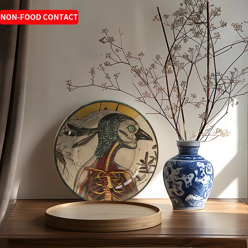 1pc Art Deco Style Ceramic Decorative Plate - Hand-Painted Bird & Skeleton Design, Non-Food Contact Home Wall Decor for Living