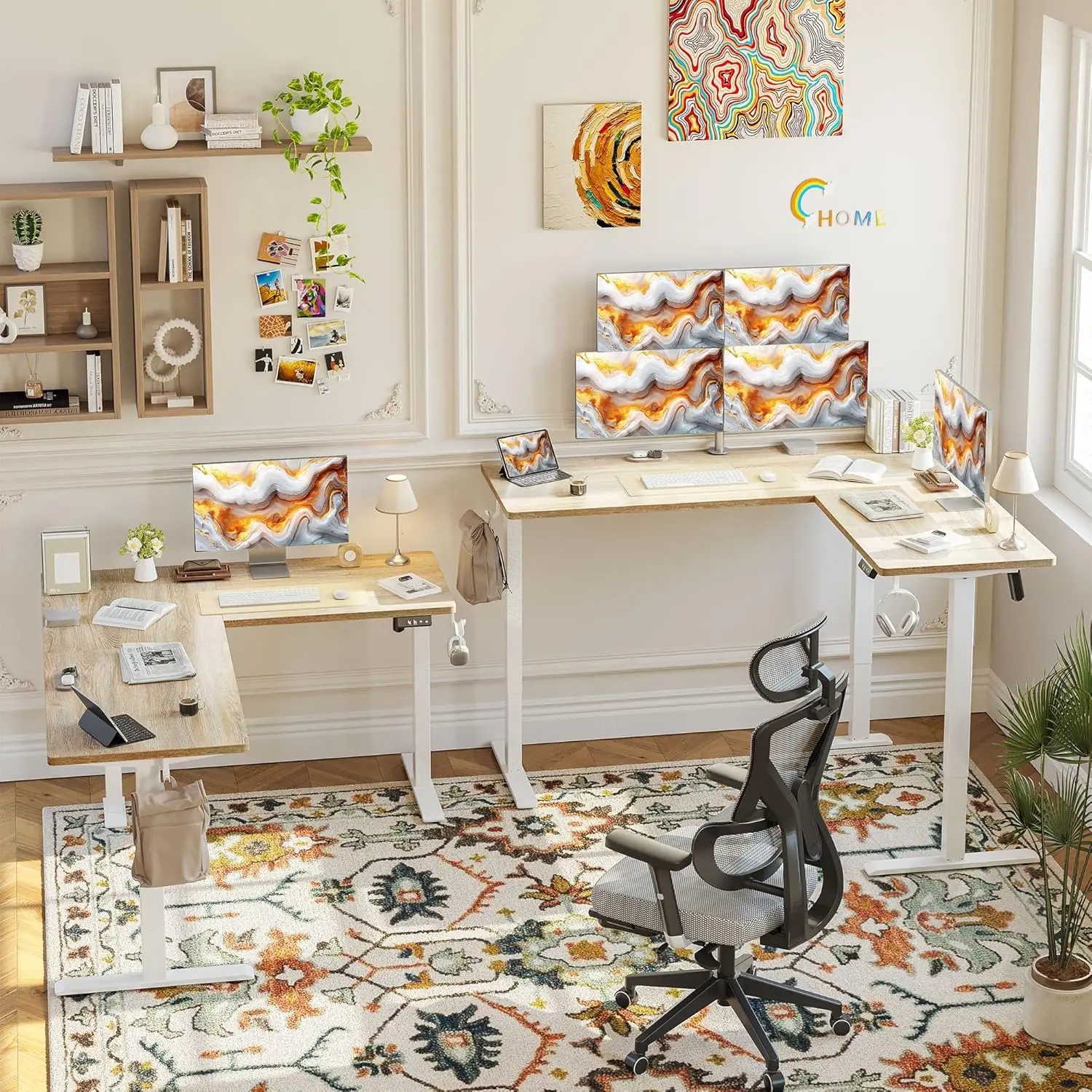 مكتب قائم كهربائي على شكل حرف L، طاولة كمبيوتر قابلة للتعديل بارتفاع 63 × 55 مع لوحة لصق من خشب القيقب #2