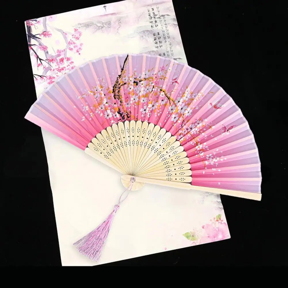 Fringed Dancing Fan Chinese Style Bamboo Folding Hand Fan with Imitation Silk Floral Print Tassel Pendant for Women for Women