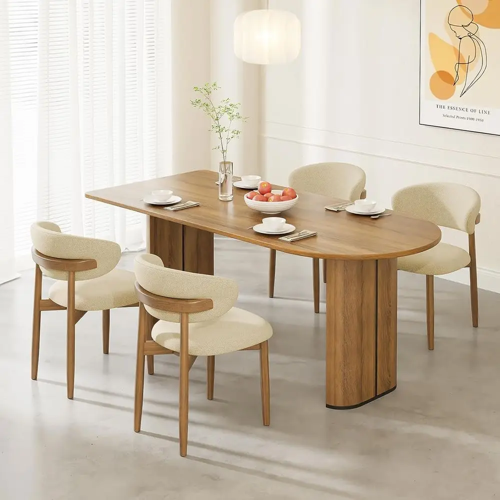 

Set of 4 Curved Back Upholstered Dining Chairs, Beige Fabric for Kitchen or Dining Room