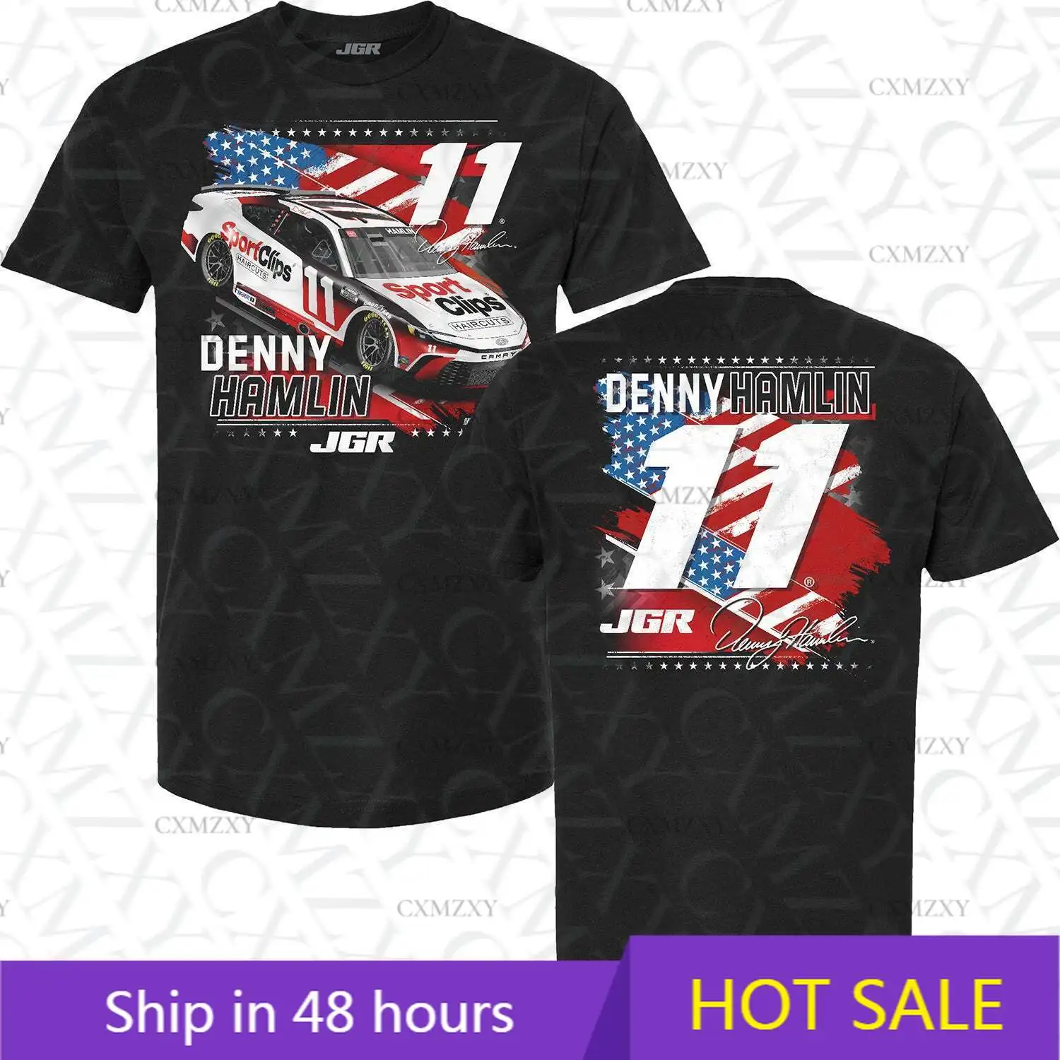 

Denny Hamlin 2025 SportClips Patriotic Car T-Shirt Black
