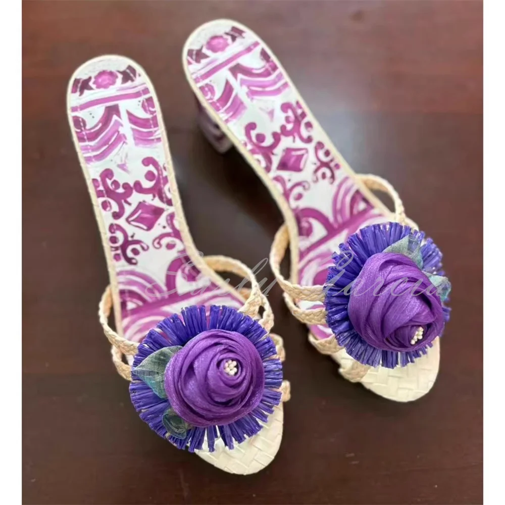 2026 Summer Round Toe Shallow Elegant High-Heeled Elastic Leather Purple Floral Decor Chunky Heel Slippers Trendy Mules