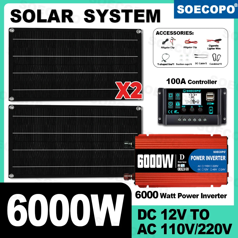 

Комплект солнечной системы SOECOPO 6000 Вт с 2 панелями мощностью 800 Вт, контроллером 100 А, инвертором постоянного тока 12 В в переменный ток 110 В/220 В для дома на колесах