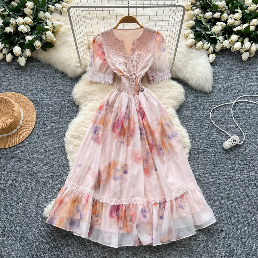 

Long Dress Women Dresses A Line Vestidos Streetwear V Neck Short Sleeve Print Lace Elegant Splice Y2k Party Night Summer 2025