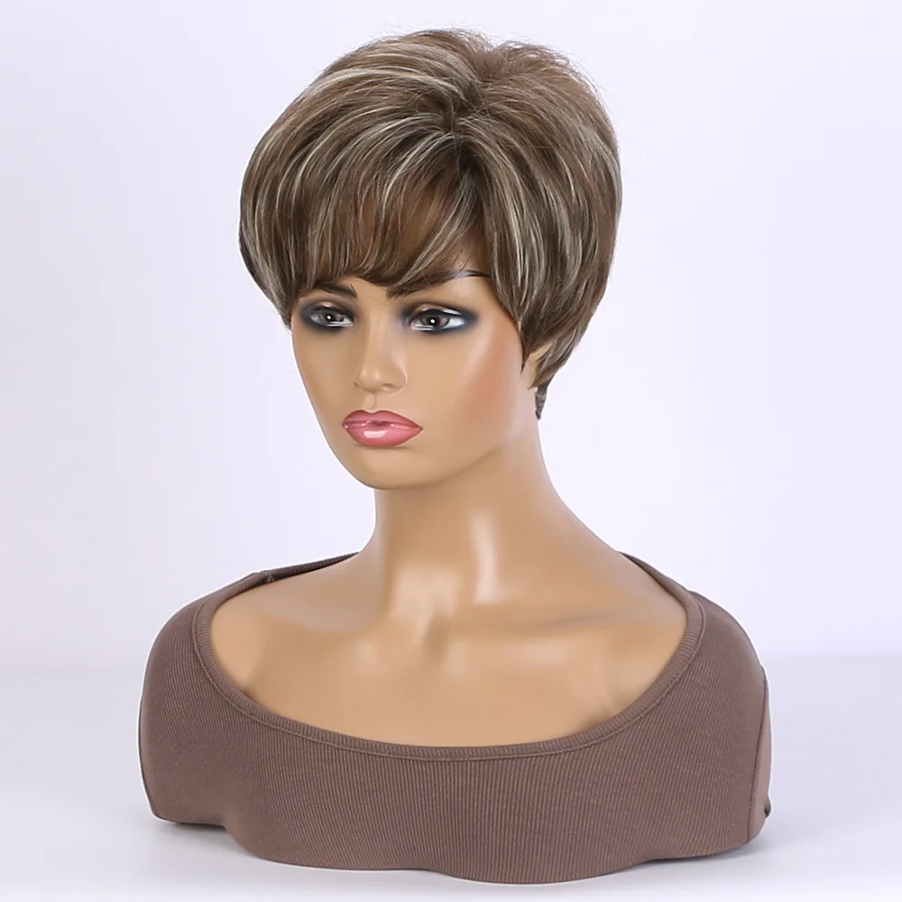 Synthetic Hair Woman Mixed Brown Blonde Short Straight Female Wig Realistic Natural Bangs Daily Party Use Heat Resistant Fiber