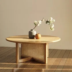 Medieval Style Round Coffee Table, Rattan Woven, Original Solid Wood, South East Asia, Home Living Room, French Furniture