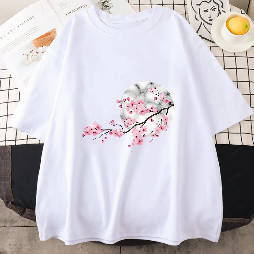 Japanese Sakura Tshirts Summer Original Print  Anime Cartoon Secondary Short-sleeved Men and Women Trendy Couples Clothing Cute