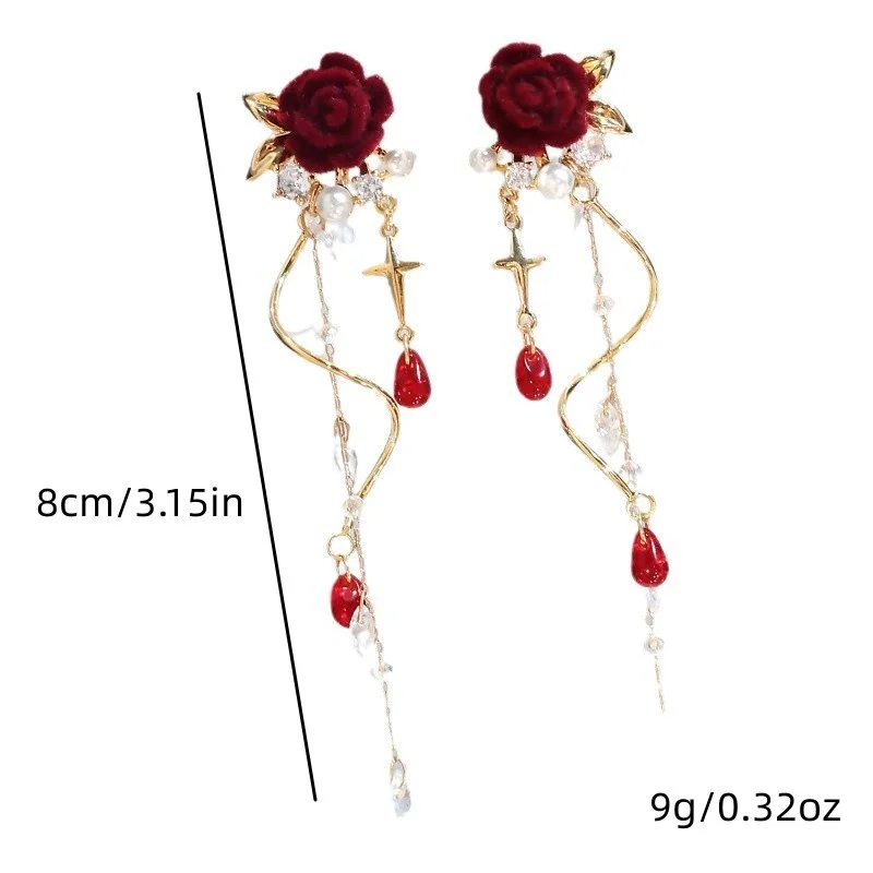 Modische Rote Zirkon-Ohrringe mit Langen Quasten für Damen, Elegante Rosenkristall-Anhänger-Ohrringe, Charms für Party und Hochzeit, Statement-Schmuck – Detail 5