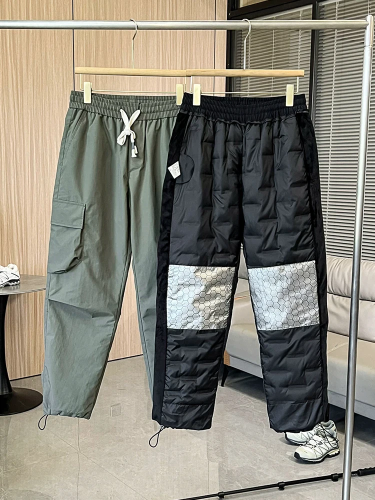 Winter Men's Pants 90% White Duck Down Padded Multi-Pockets Straight Cargo Pants Windproof and Waterproof Thick Warm Trousers