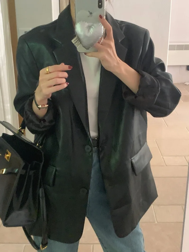 

Шикарный винтажный пиджак из искусственной кожи с длинными рукавами, женский повседневный свободный крой, на двух пуговицах, с воротником-стойкой, универсальный для всех сезонов