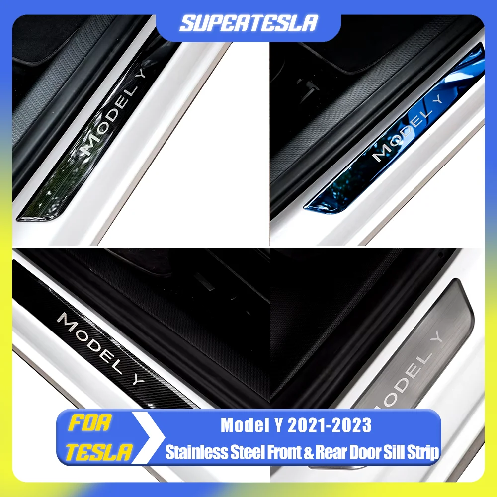 Car Door Sill Decoration Wrap Cover For Tesla Model Y 2023 Accessories Pedal Protection Metal Carbon Fiber Strip 2022 2021