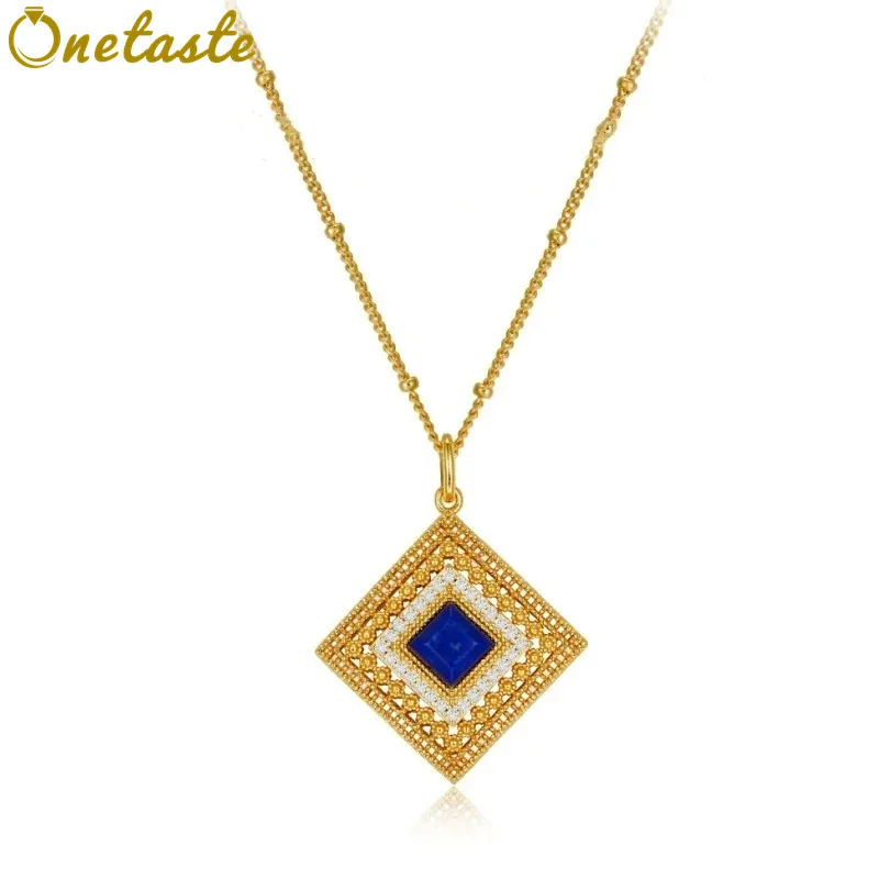 

925 Sterling Silver 18K Gold Plated Lapis Lazuli Pendant Necklace Luxury Hollow Out Blue Gemstone Necklaces For Women Gift
