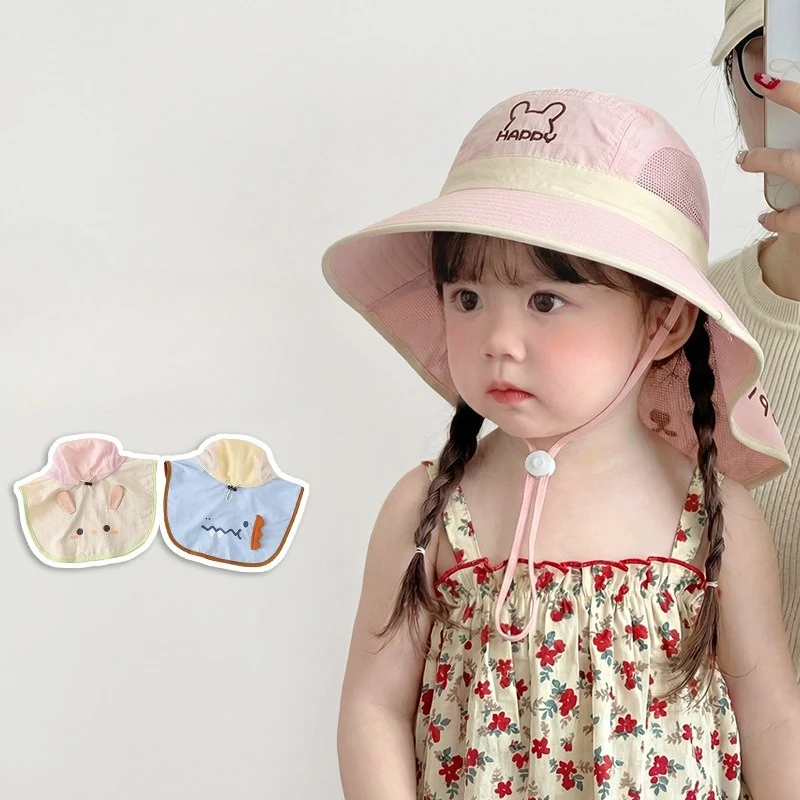 

Милая мультяшная панама с широкими полями и защитой для шеи, летняя, тонкая, дышащая, быстросохнущая, для повседневной носки на улице, для малышей