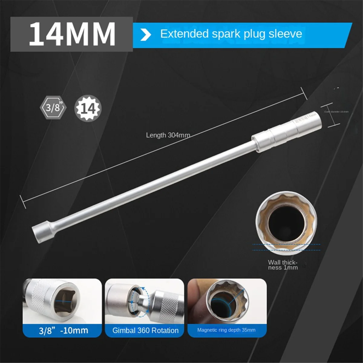 

2pcs 14mm 16mm Magnet Spark Plug Removal Tool Wrench Sleeve 3/8inch 12-Point Swivel Candle Key Socket Kit S