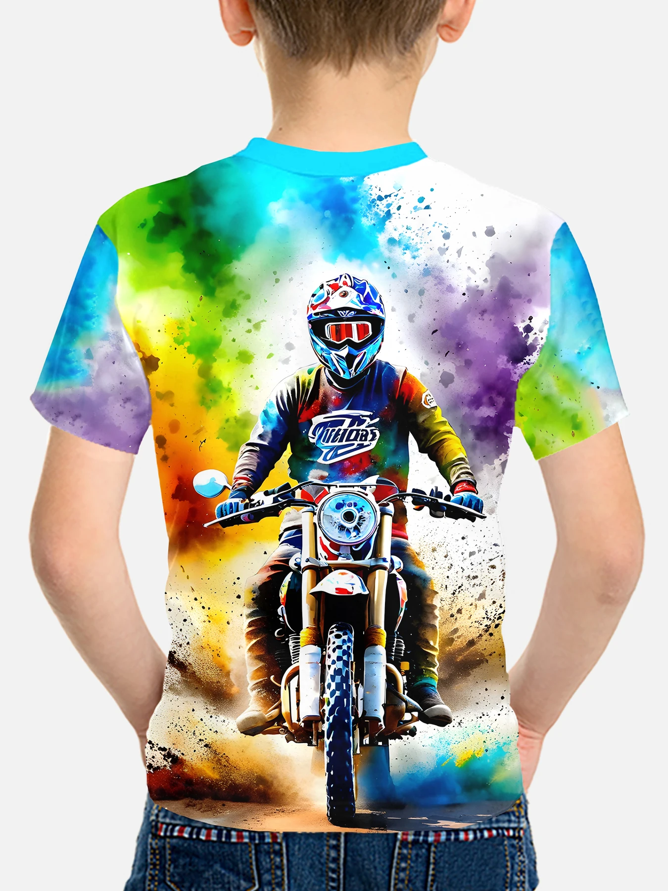 Fashion summer children's clothing Motorcycle rider print Fun trend Fashion short sleeve boy's T-shirt 2025 summer clothing crew