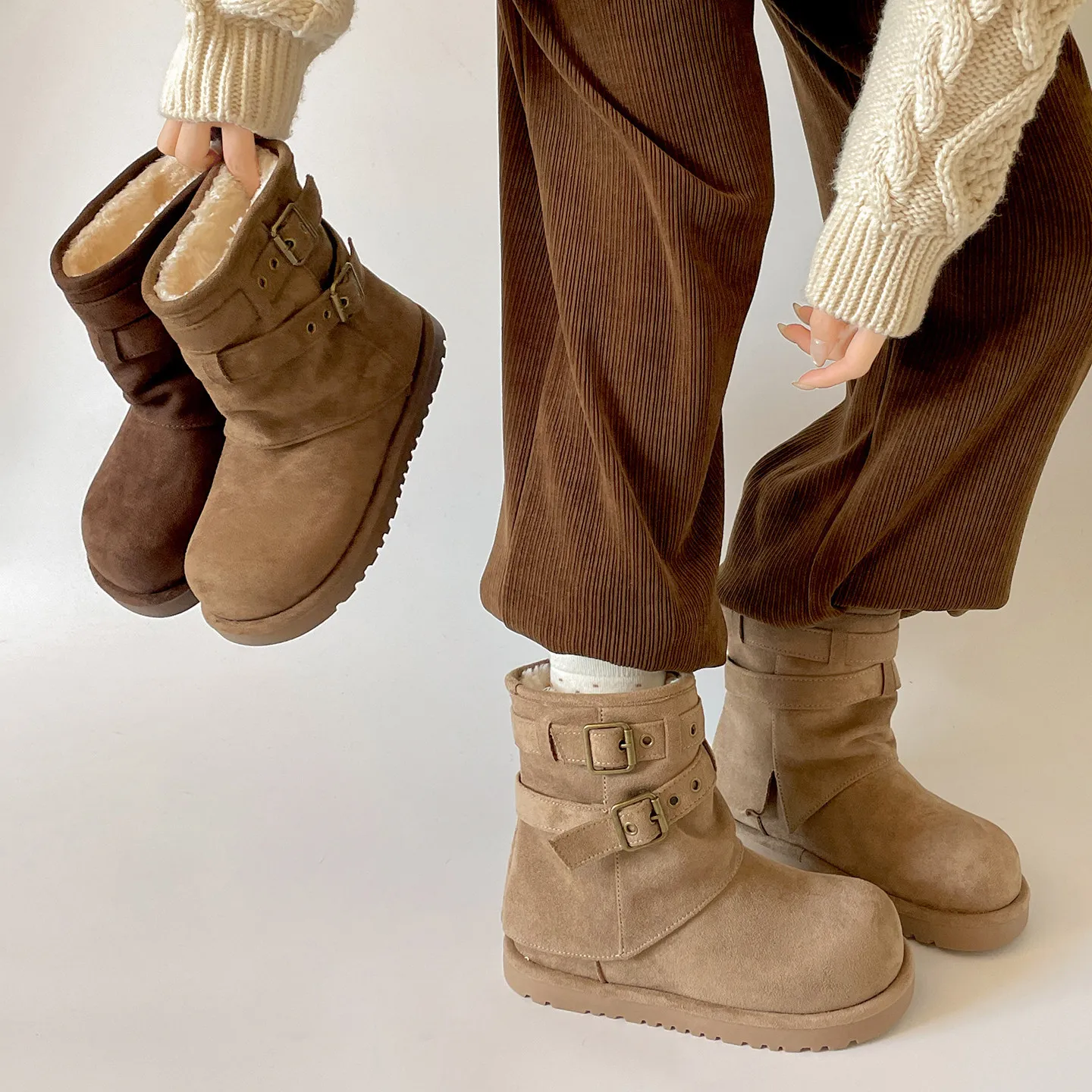 Warm retro heightening thick-soled snow boots women's 2026 new winter piled thickened non-slip fluffy cotton boots