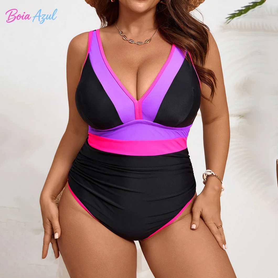 Big size color-matched plaid one-piece swimsuit V-neck wide-shoulder wrap-around swimsuit for ladies suitable for beach wear