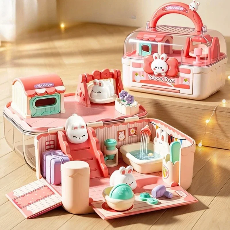 Childrens Girl Kawaii Toys Magnetic Playhouse Family Rabbit Princess Doll Miniature Dollhouse Accessories for Kids Birthday Gift