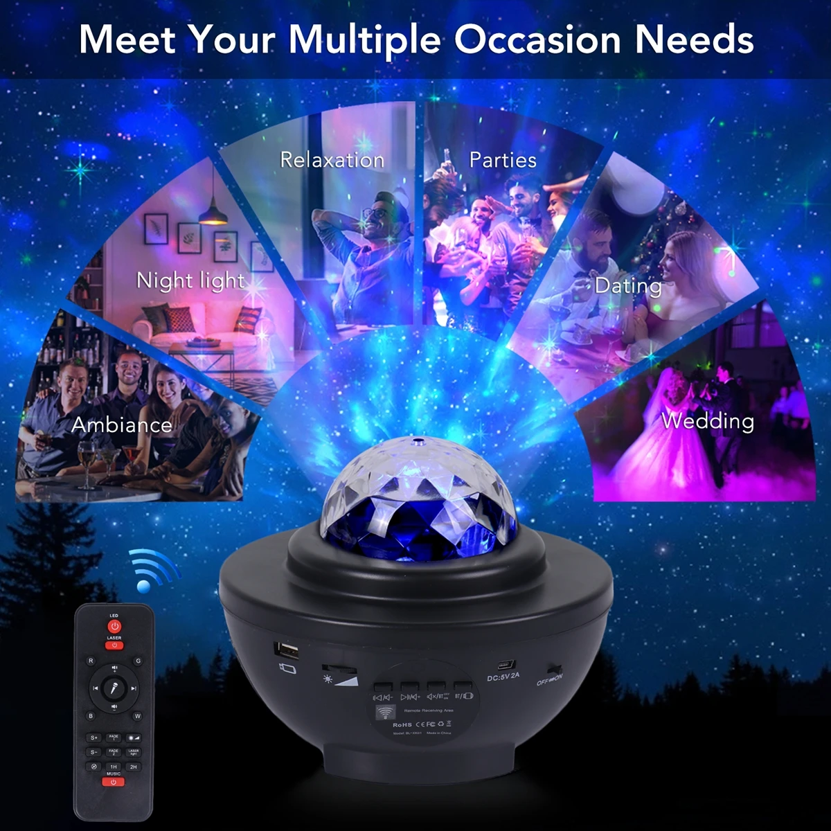 ZK30 LED Star Galaxy Projector Ocean Music Starry Water Wave Projector Light Sound-Activated Projector Light for Childrens