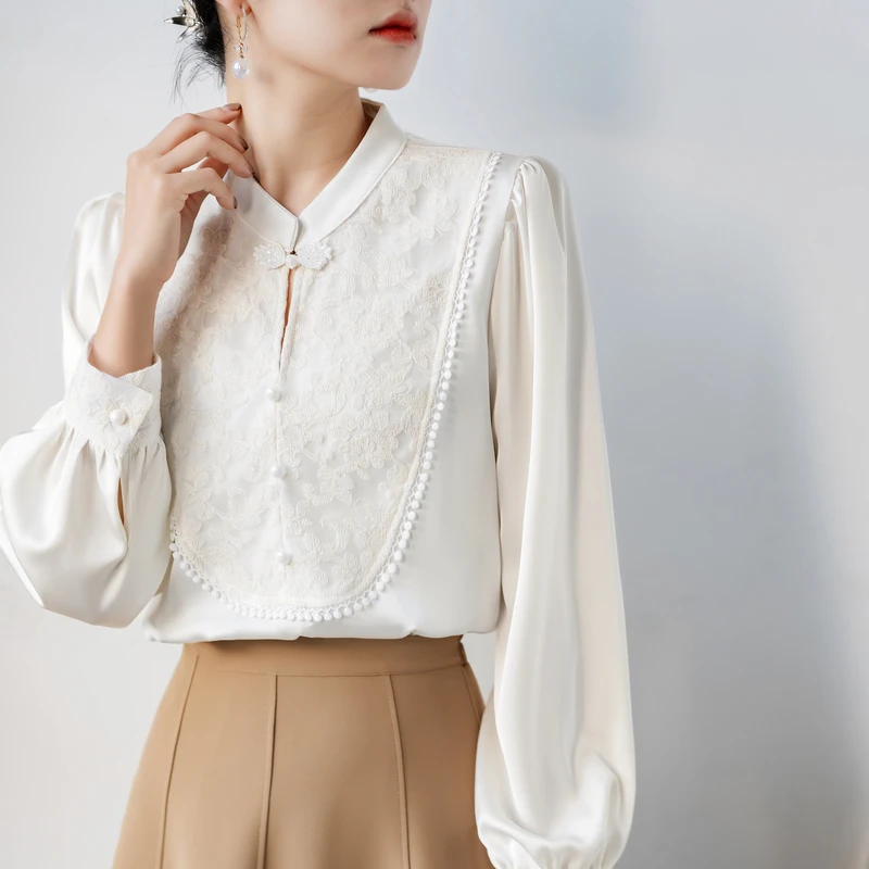 

Vintage Chinese Style Lace Embroidery Women's Blouses 2025 New Long Sleeve Stand Collar Beading Casual Loose Shirts Female