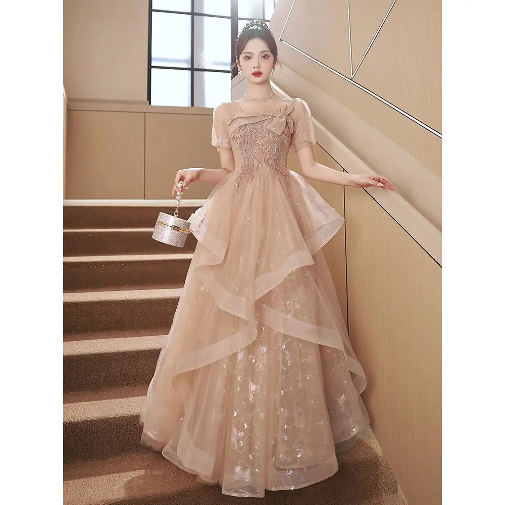 French Square Collar High-end Temperament Evening Gown  Glitter Prom Gown   Long Floor Length Princess Birthday Dresses