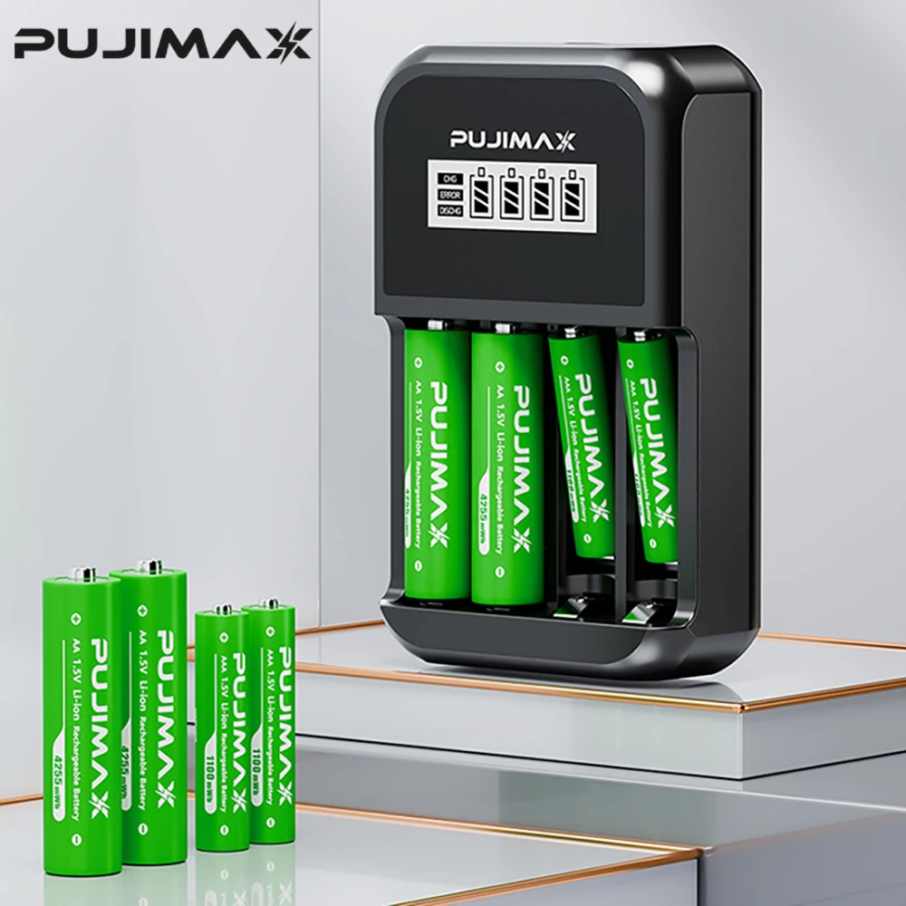 PUJIMAX شاحن بطارية 4 فتحات شحن سريع ل AA/AAA بطارية قابلة للشحن شاحن يو اس بي 1.5 فولت 1100mWh 4255mWh بطاريات ليثيوم