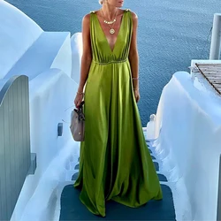 Elegancka damska seksowna sukienka z dekoltem w serek bez pleców Maxi Party Dress Women New Holiday Boho Draped Boho Dress Retro Sleeveless Pleat Long Dress