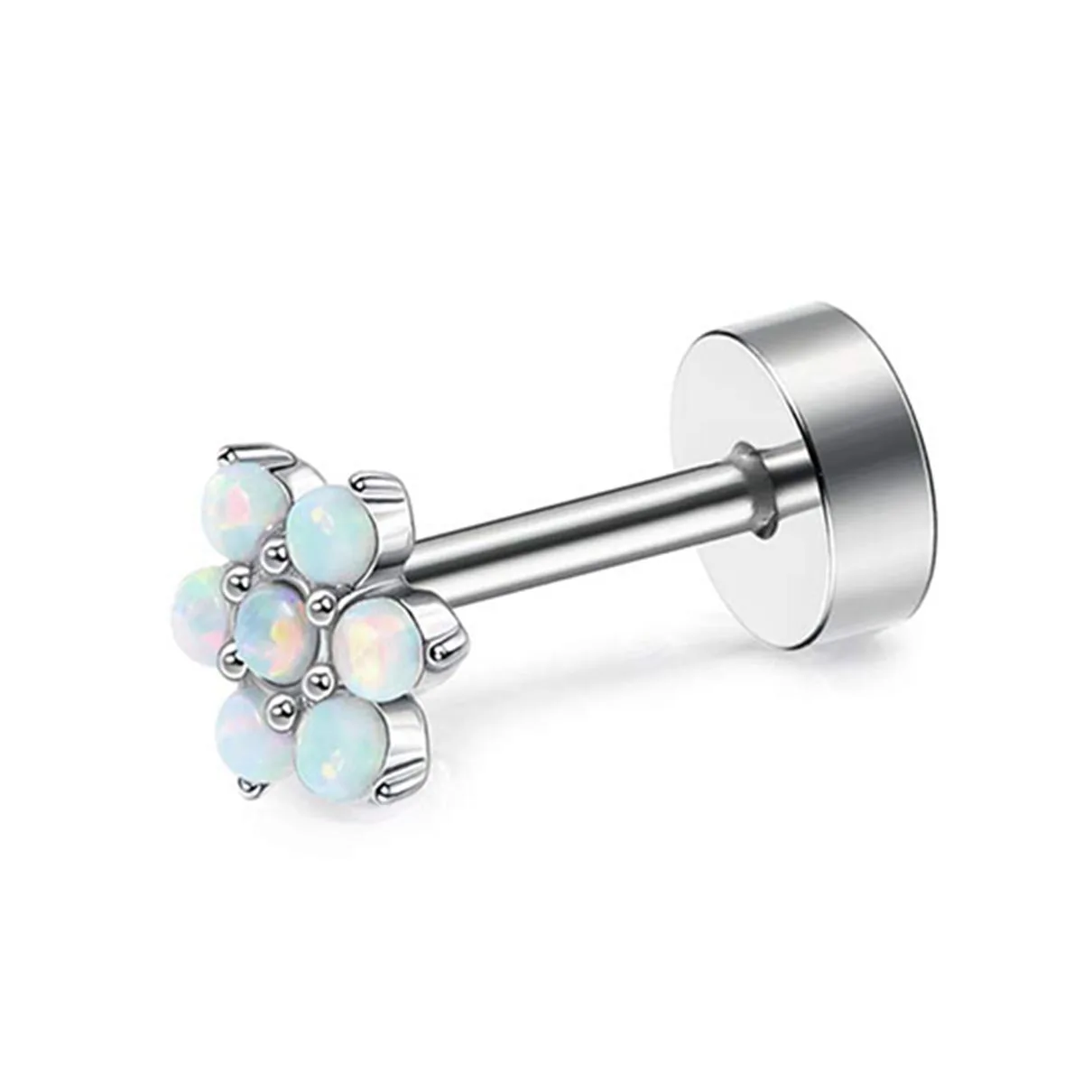 Aço inoxidável Opal Piercing Brincos, Elegante Flat Back, Flor Incrustada, 1