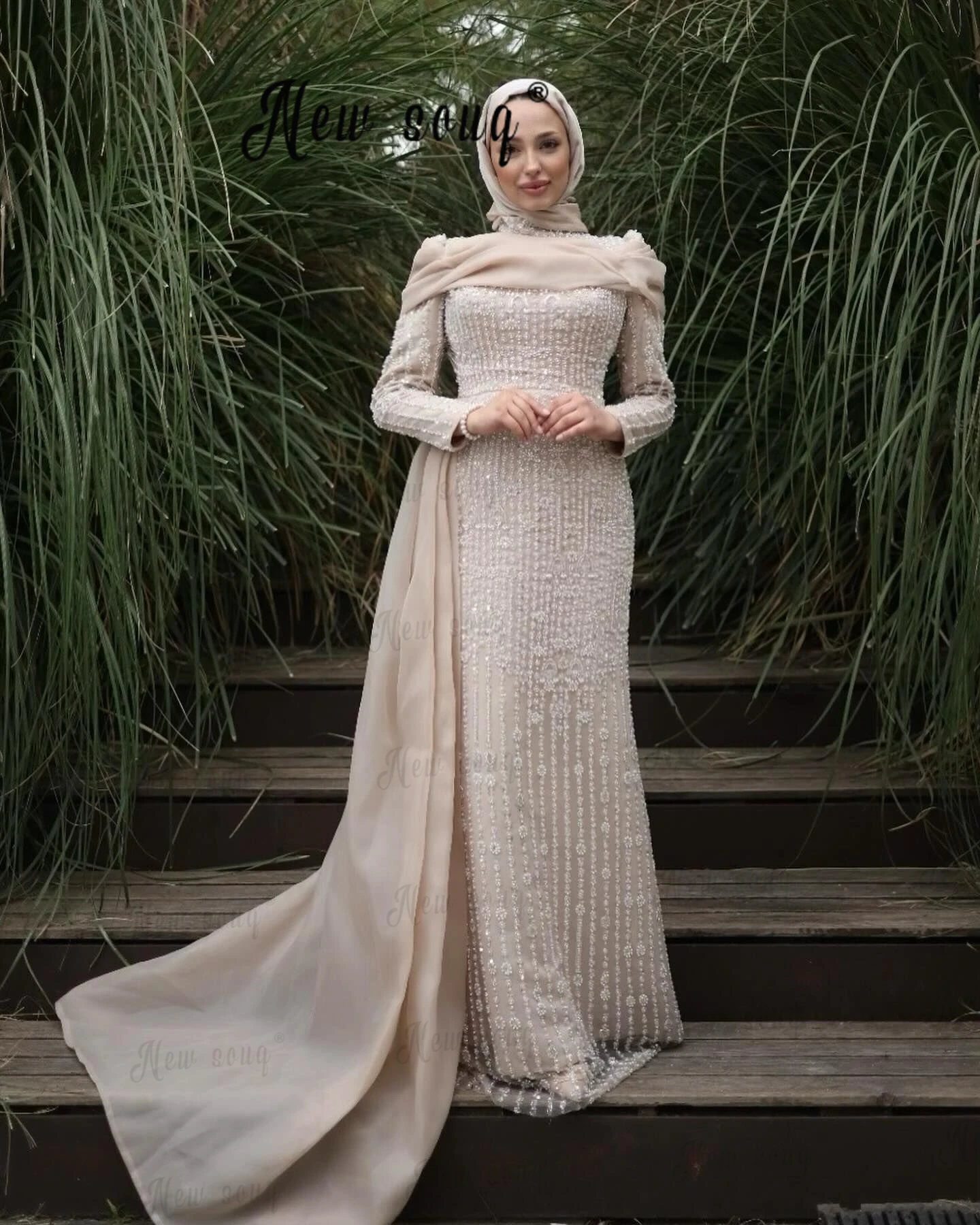 

Light Champagne Evening Dresses Muslim Women 2024 Couture Sequins Prom Dresses Moroccan Kaftans Elegant Dubai Wedding Party Gown