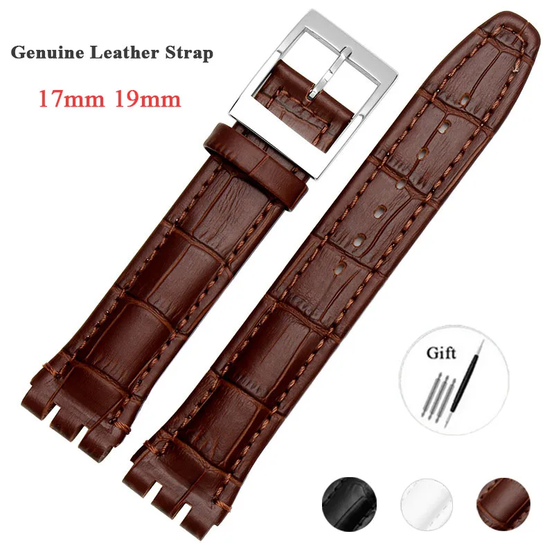 17mm 19mm Genuine Leather Strap for SWATCH Replacement Wrist Band Cowhide Watch Strap Black White Brown Waterproof Watch Band