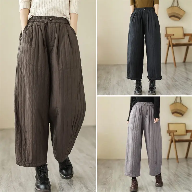 Women Cotton Padded Wide Leg Pants Winter Elastic Waist Loose Fit Casual Lounge Wear Thermal Trousers M159