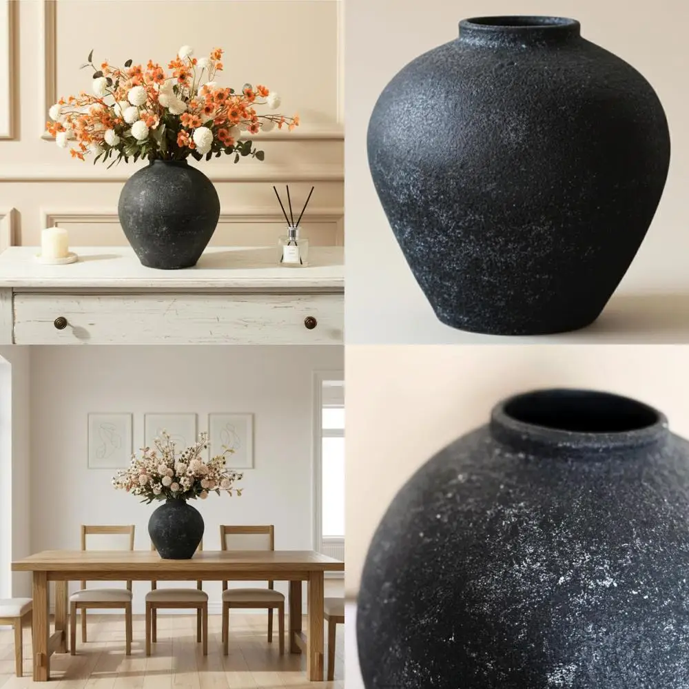 

Керамическая ваза в деревенском стиле, высота 10,6 дюйма, черная, декор в стиле фермерского дома, большая круглая ваза для дома, текстурированное украшение для центра стола