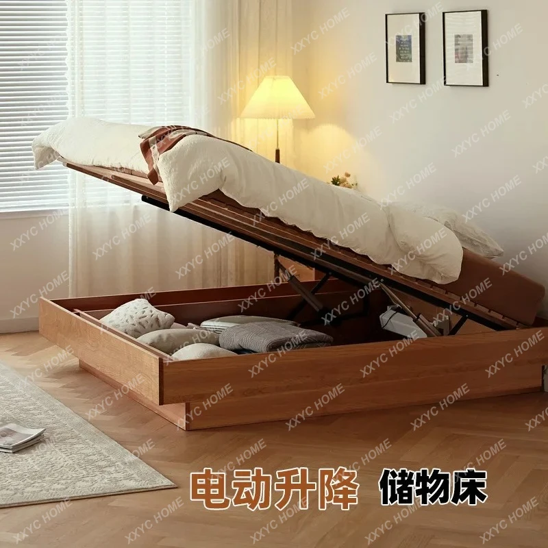 WS Minimalist Electric Box Bed Cherry Wood Solid Wood Bed Storage Bed
