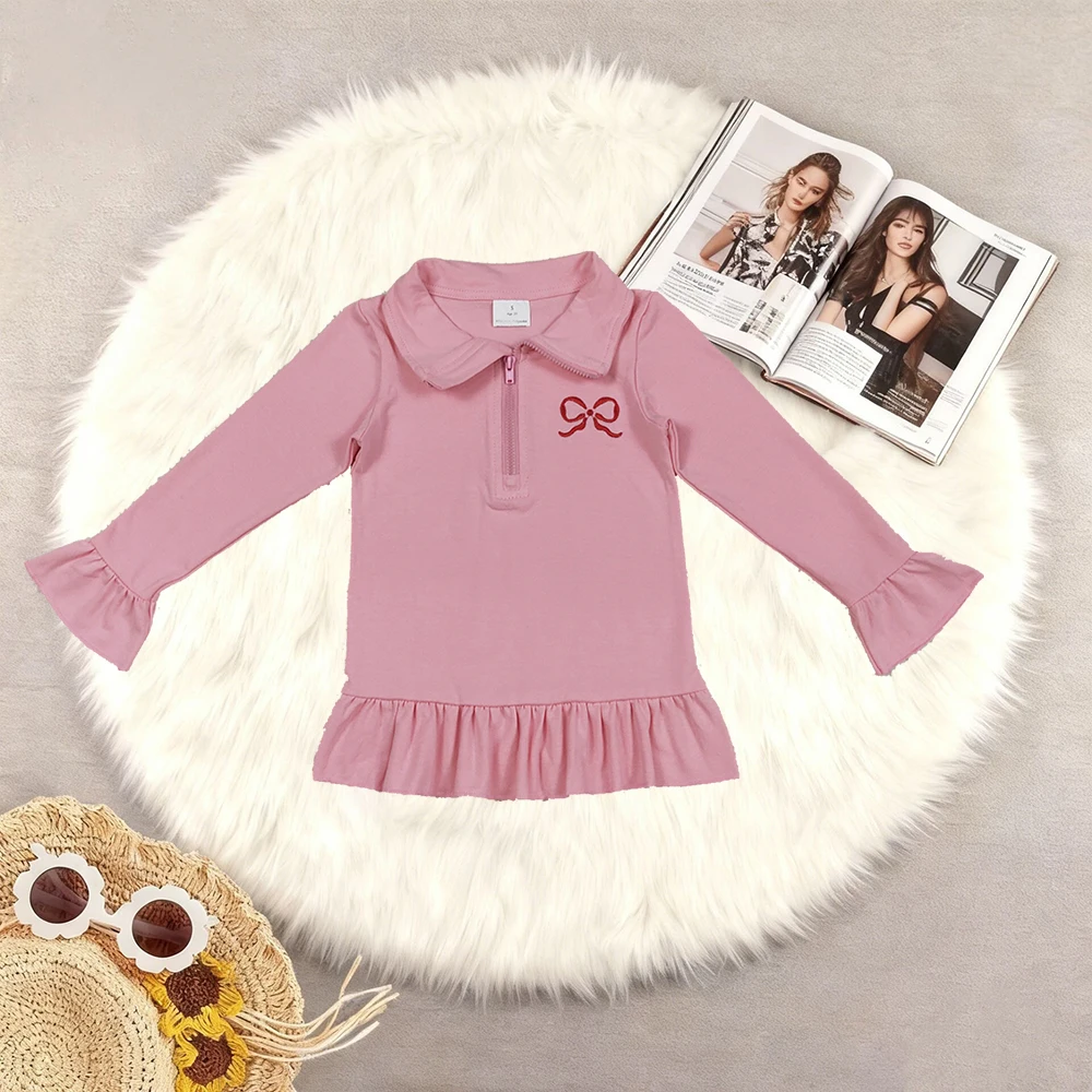 11.25 التطريز القوس طفل الفتيات الوردي كم طويل كشكش سستة عيد الحب البلوفرات الأعلى #1