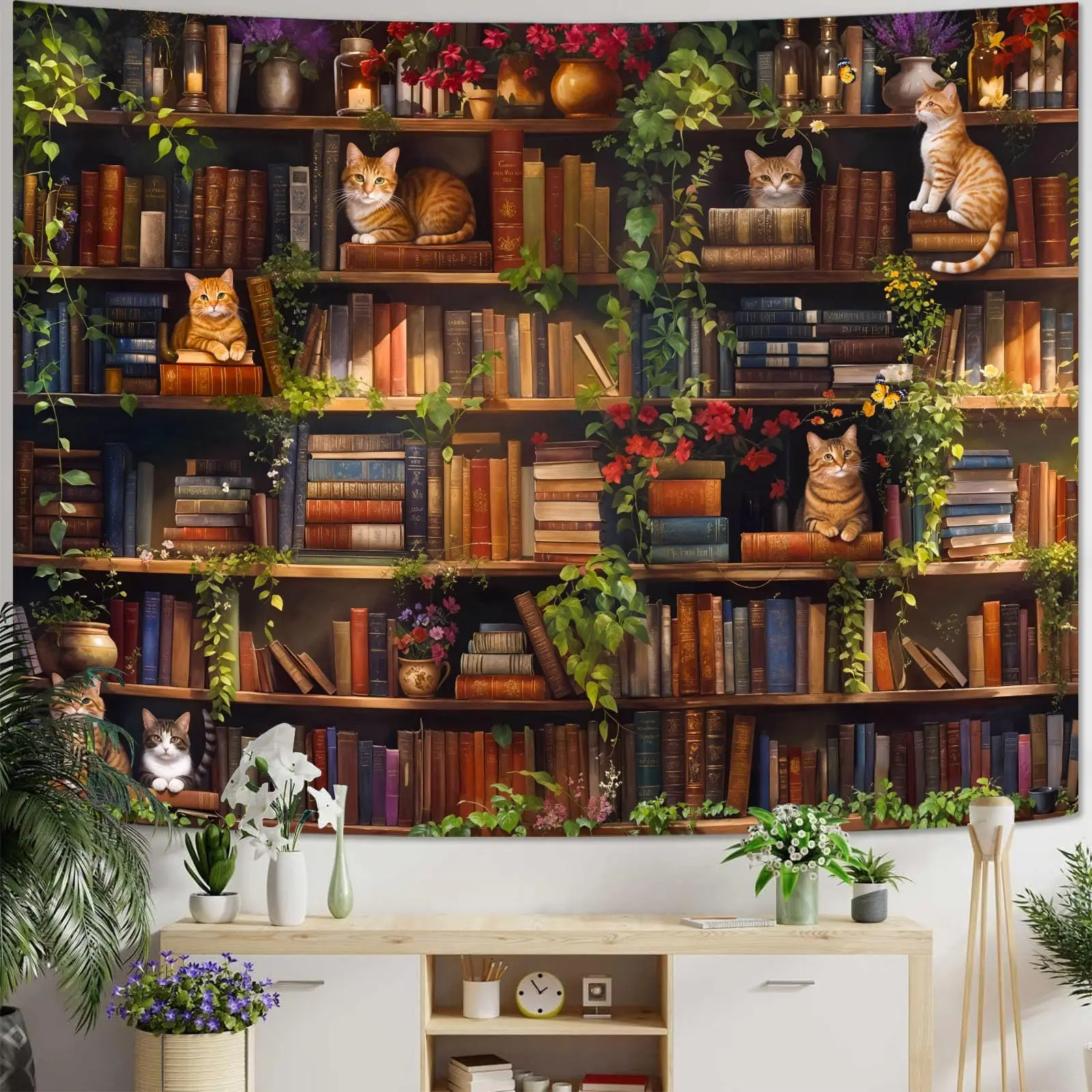 VIKAMA Magic Bookshelf tapestry Wall-mounted Gothic Skull Black Cat Library Book tapestry Bedroom Living Room Dormitory