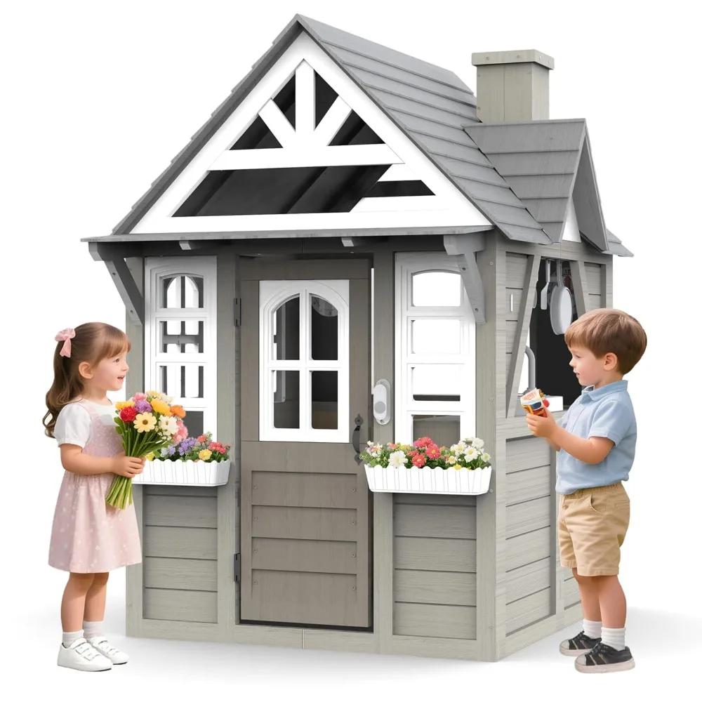 

Kids Outdoor Playhouse,Cedar Gray Wooden Play House for Kids Ages 3-8, with Play Kitchen, Interactive Doorbell, Toy Phone, Sink